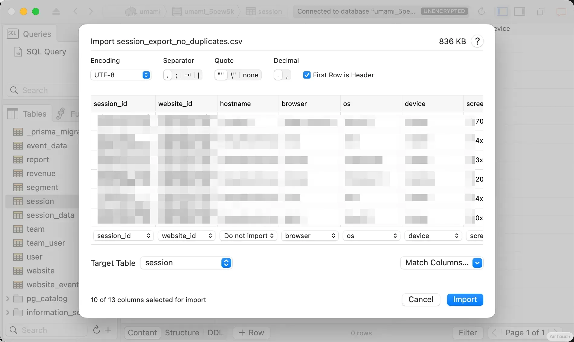 Import deduplicated session data