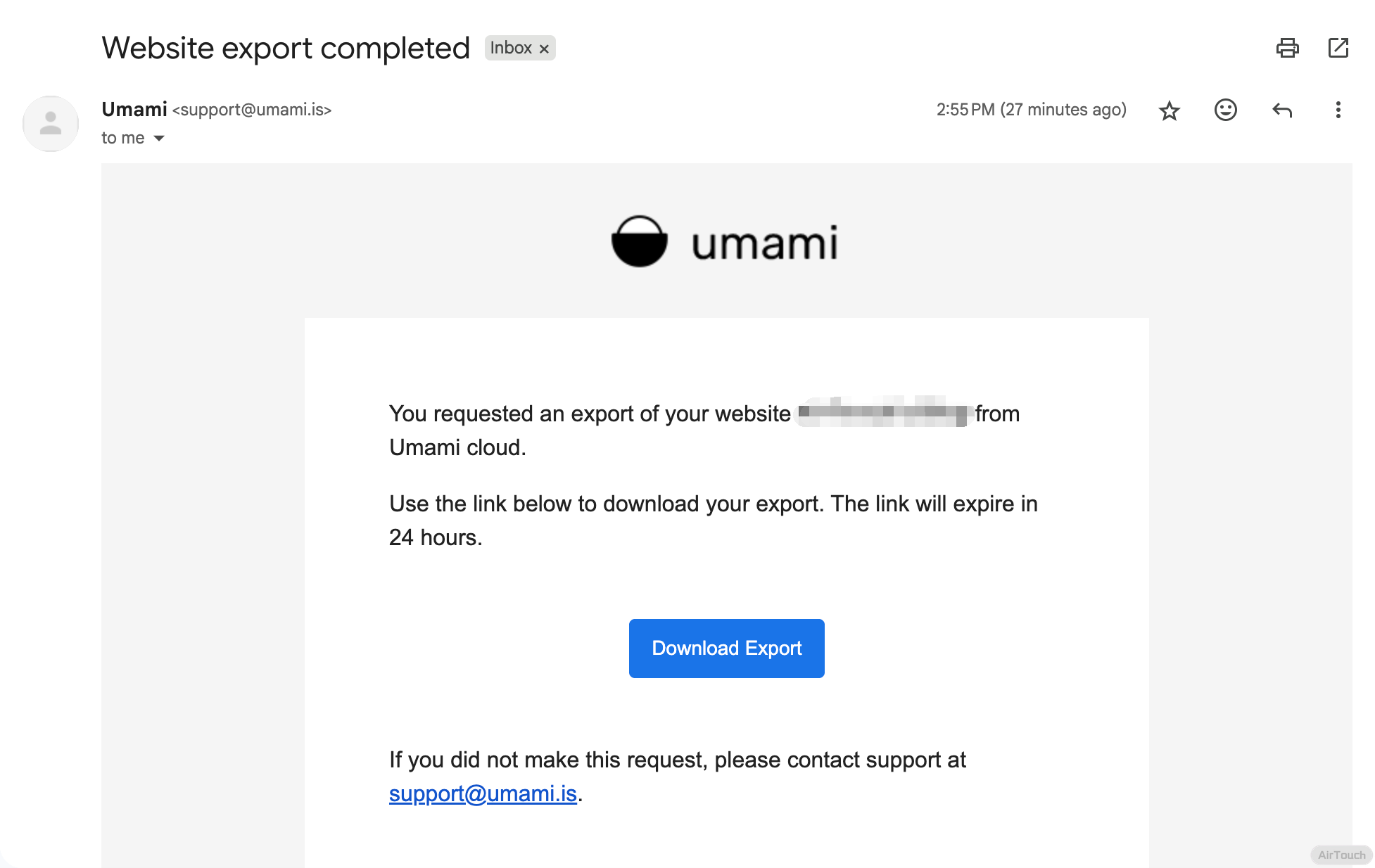 Email with export download link
