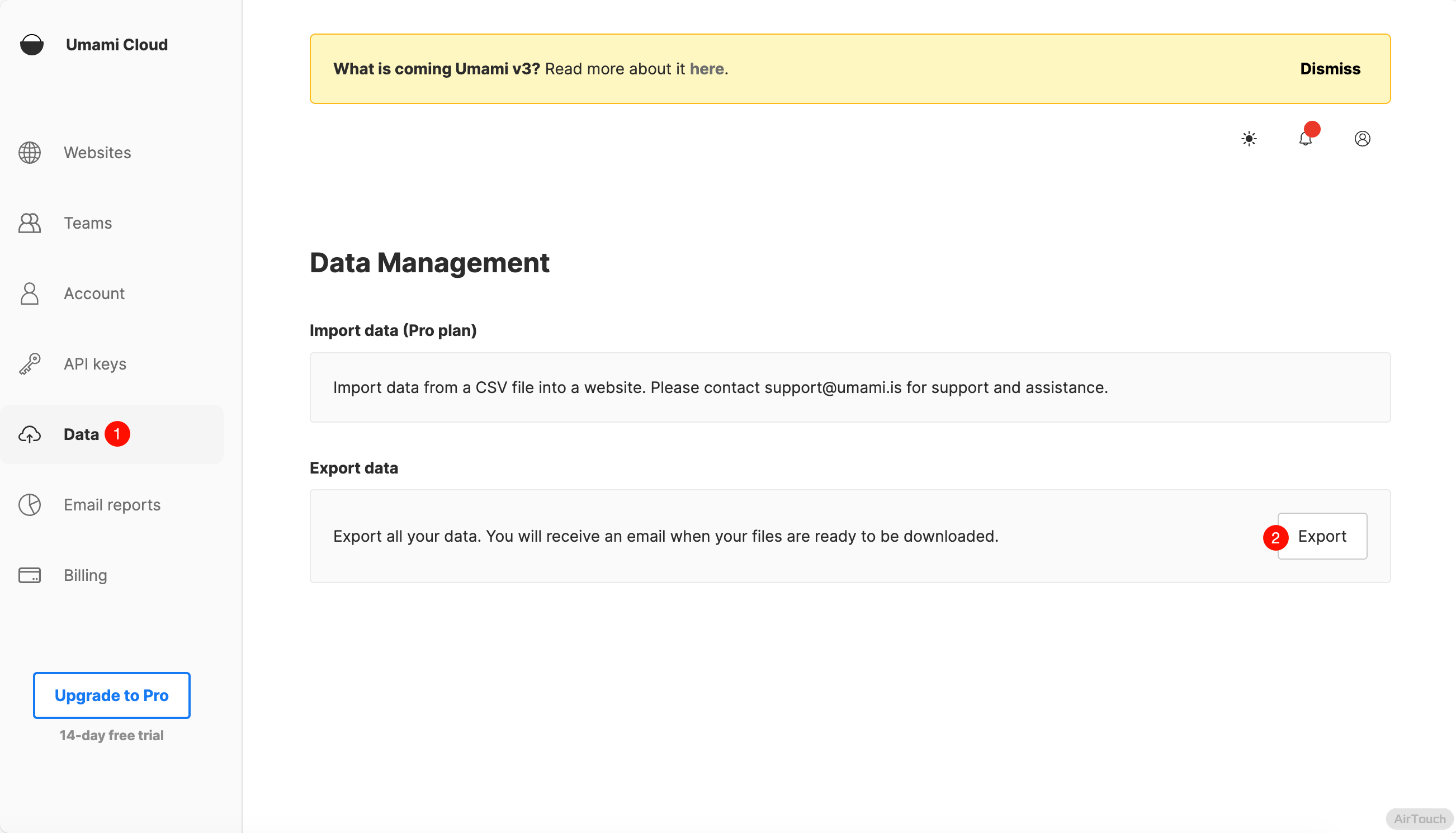 Export data from Umami Cloud