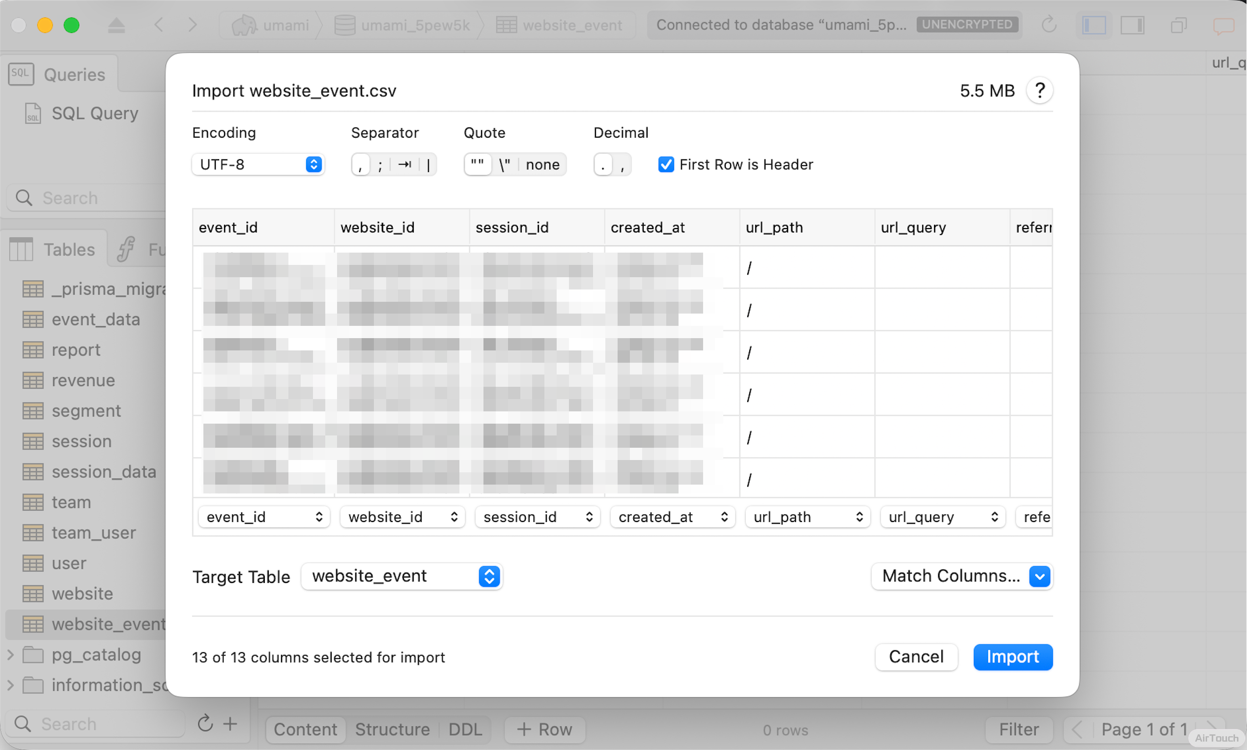 Import website_event.csv